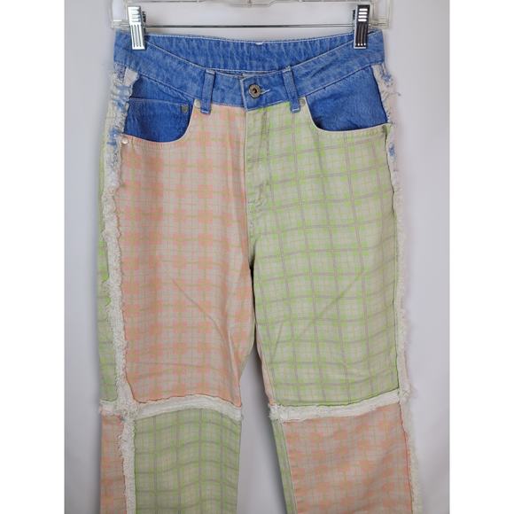The Ragged Priest Jeans Patchwork Checkered Jeans Lime Green Salmon Blue Sz 26 - Picture 2 of 11